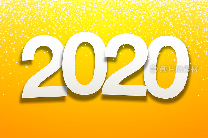 2020 -纸字体与金色闪烁在黄色背景